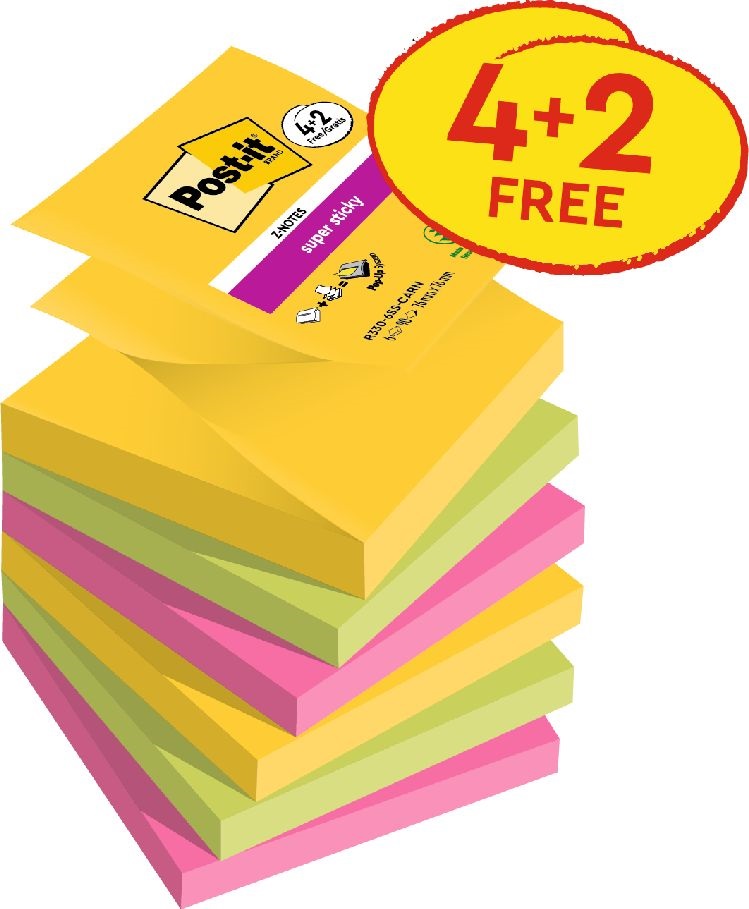 Post-it Super Sticky Carnival 76x76mm  90lapos 4+2db  vegyes Z-jegyzettömb