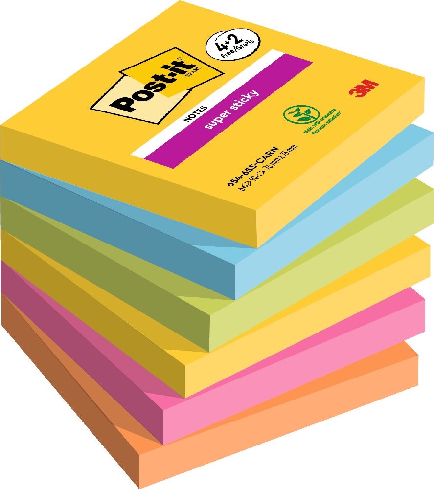 Post-it Super Sticky Carnival 76x76mm  90lapos 4+2db  vegyes jegyzettömb