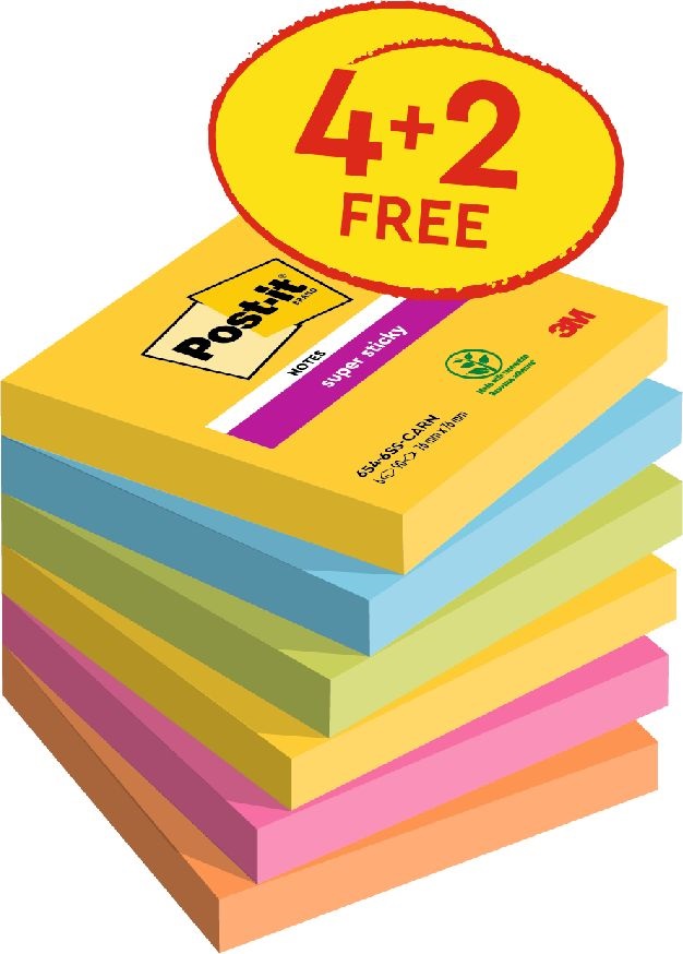 Post-it Super Sticky Carnival 76x76mm  90lapos 4+2db  vegyes jegyzettömb