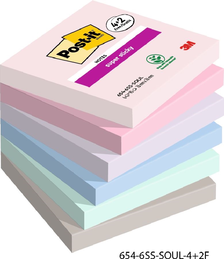 Post-it Super Sticky Soulful 76x76mm  90lapos 4+2db  vegyes jegyzettömb