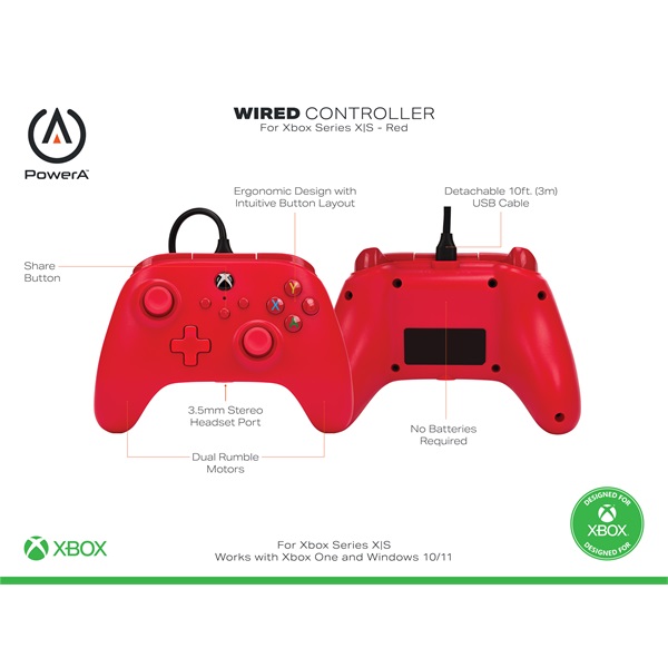 PowerA 1519366-01 Xbox Series X|S/Xbox One vezetékes piros kontroller