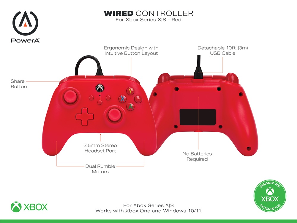 PowerA 1519366-01 Xbox Series X|S/Xbox One vezetékes piros kontroller