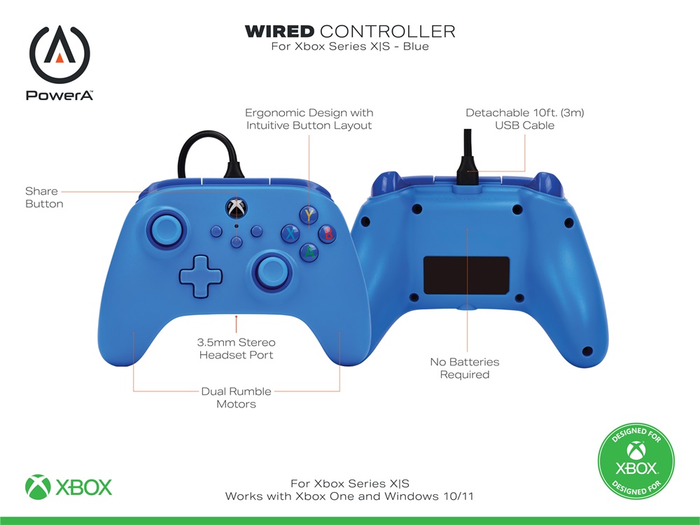 PowerA 1519367-01 Xbox Series X|S/Xbox One vezetékes kék kontroller