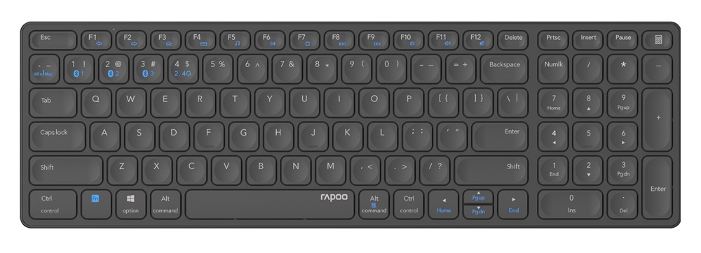 Rapoo 00217472 E9700M Bluetooth (3.0+4.0) + 2,4GHZ fekete vezeték nélküli billentyűzet