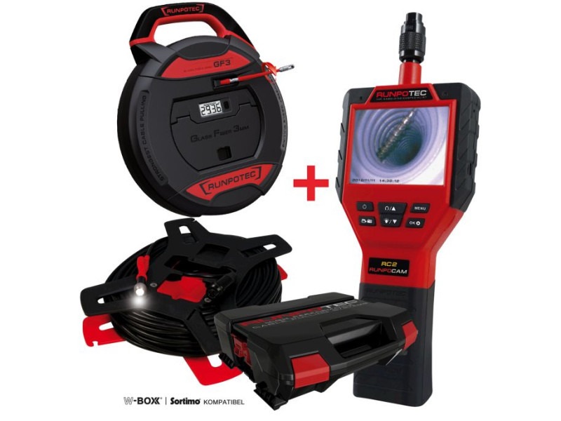 RUNPOTEC 111460 Runpocam RC2 30m vizsgáló kamera + GF3 üvegszálas vezetékbehúzó digitális hosszmérővel 30m