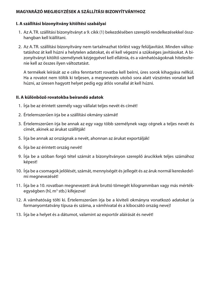 SAD.ATR 2 pld-os (Török) szállítási bizonyítvány
