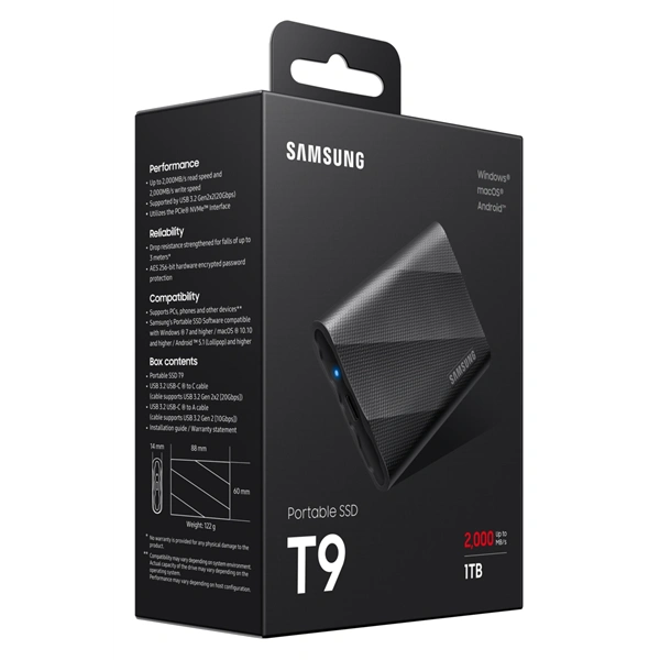 SAMSUNG Portable SSD T9 USB 3.2 Gen 2x2 1TB, Black