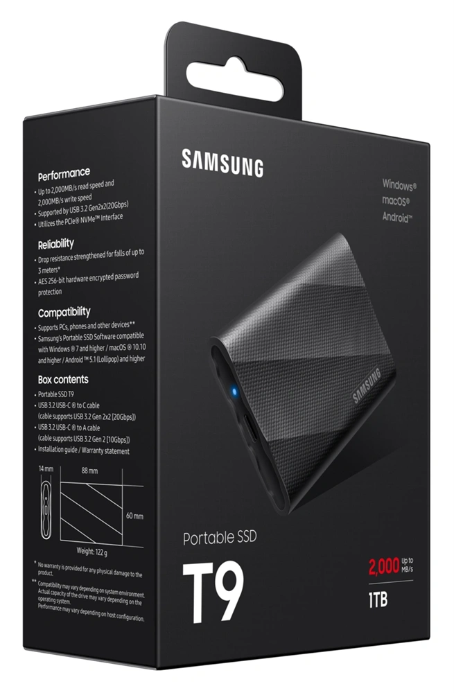 SAMSUNG Portable SSD T9 USB 3.2 Gen 2x2 1TB, Black
