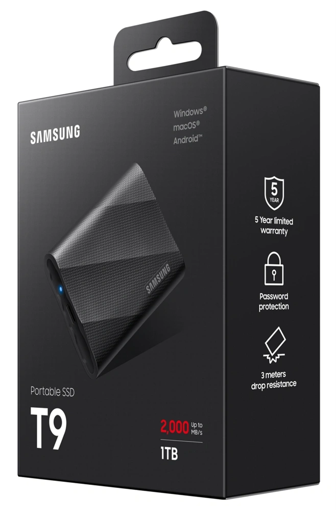 SAMSUNG Portable SSD T9 USB 3.2 Gen 2x2 1TB, Black