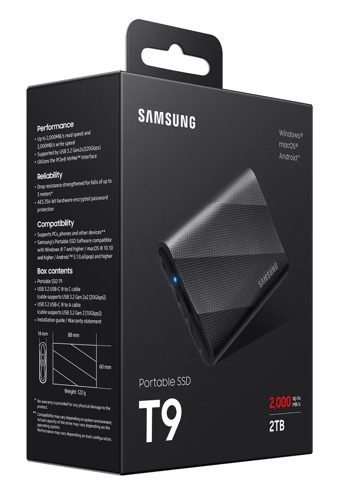 SAMSUNG Portable SSD T9 USB 3.2 Gen 2x2 2TB, Black