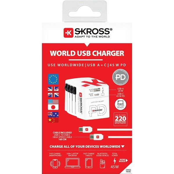 SKROSS 1.302332 World 45W USB-A/USB-C fehér világutazó adapter + Type-C kábel