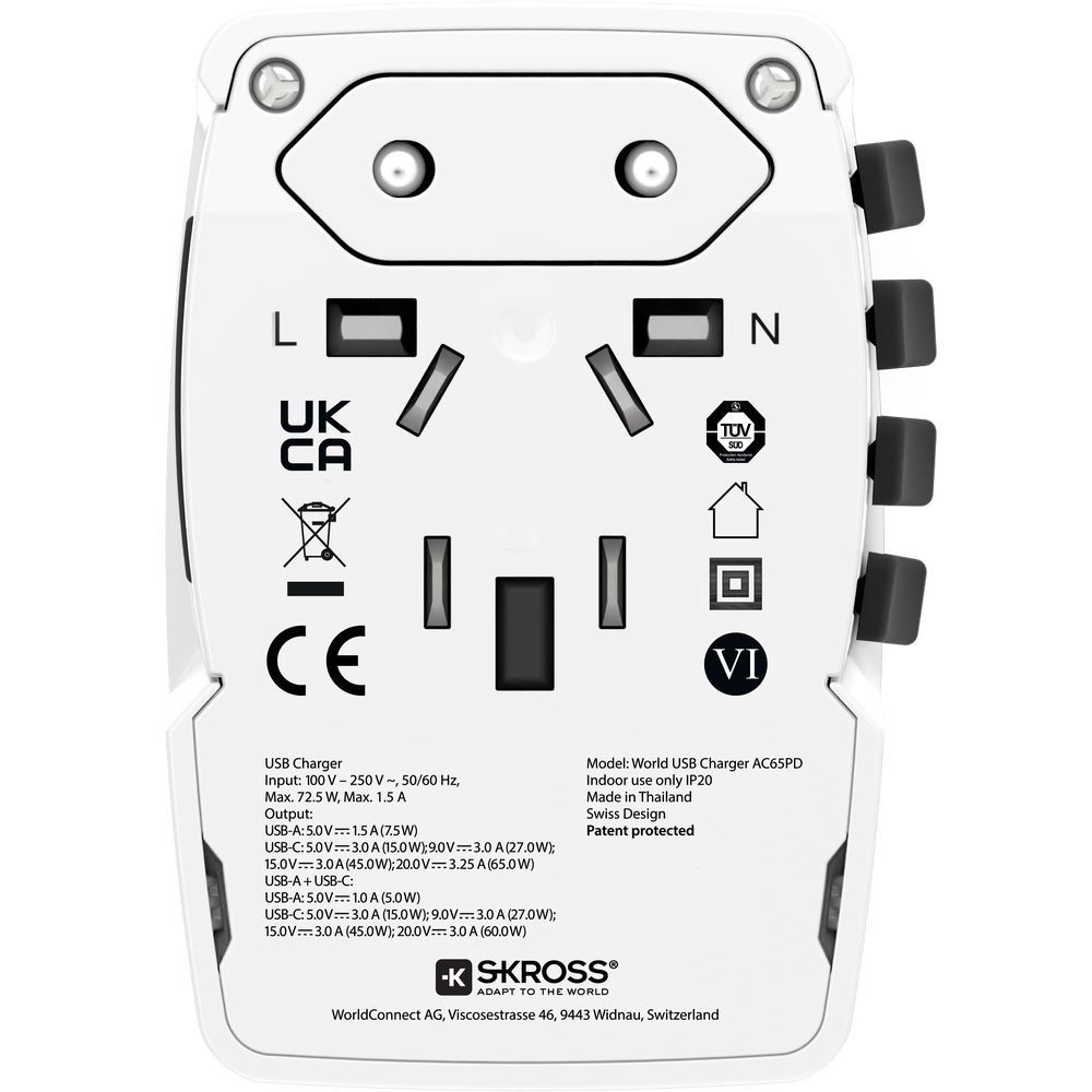 SKROSS 1.302333 World 65W USB-A/USB-C fehér világutazó adapter + Type-C kábel