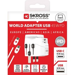 SKROSS 1.302474 PRO Light 45W USB-A/USB-C fehér világutazó adapter + Type-C kábel
