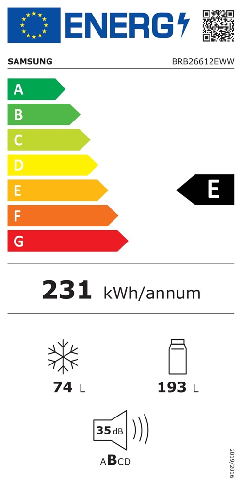 Samsung BRB26612EWW/EF alulfagyasztós, beépíthető, Hűtő:193L, Fagyasztó:74L, hűtőszekrény