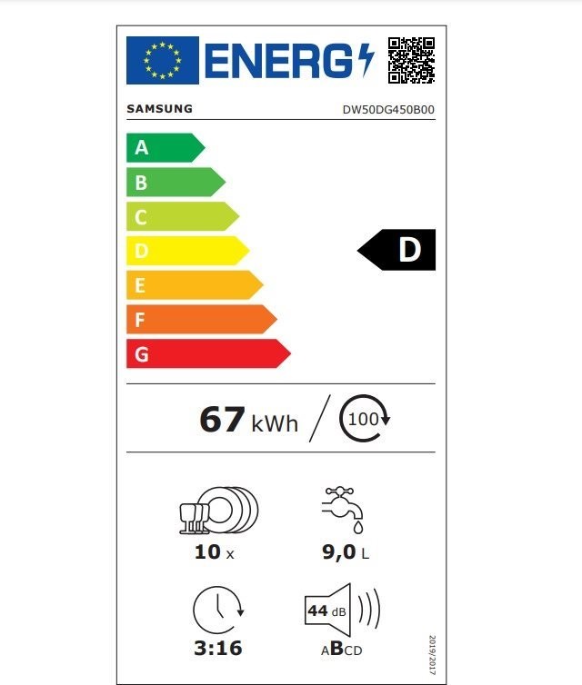 Samsung DW50DG450B00LE programok száma: 6, keskeny beépíthető, 10 terítékes mosogatógép 