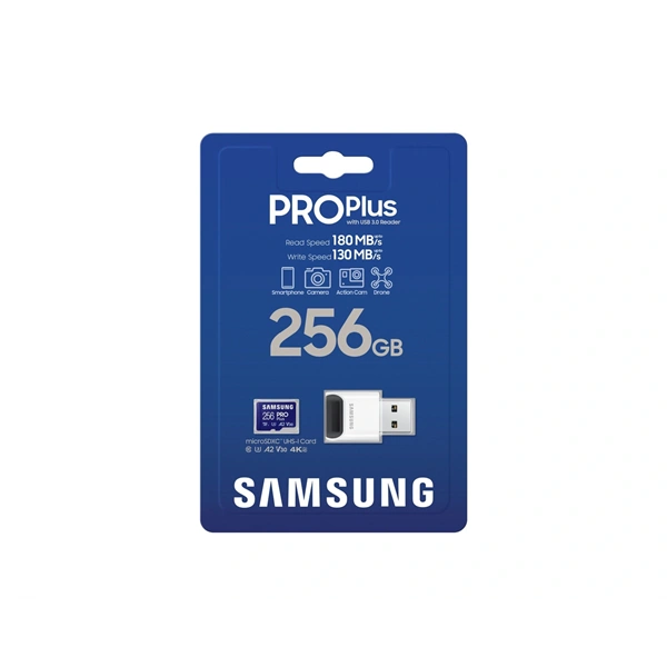 Samsung MicroSD kártya - 256GB MB-MD256SB/WW (PRO PLUS kártyaolvasóval, R180/W130, 256GB)