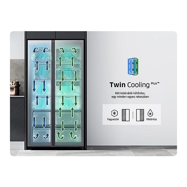Samsung RS90F66BETEO inox, Side-by-Side, Hűtő:389L, Fagyasztó:225L, hűtőszekrény