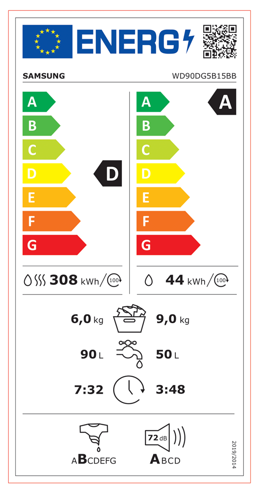 Samsung WD90DG5B15BBLE fekete, elöltöltős, max.1400ford., 9 kg/6 kg, mosó-szárítógép