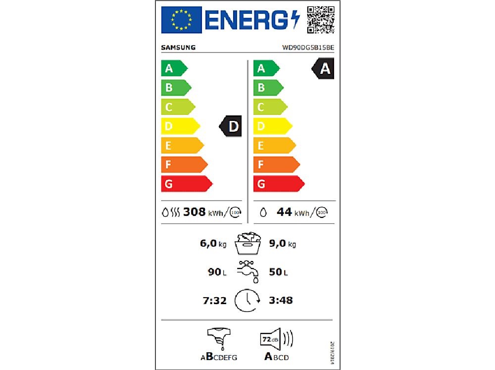 Samsung WD90DG5B15BELE fehér, elöltöltős, max.1400ford., 9 kg/6 kg, mosó-szárítógép