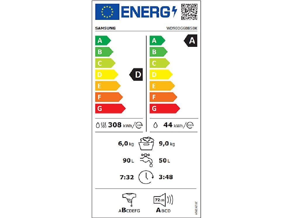 Samsung WD90DG6B85BKU4 fehér, elöltöltős, max.1400ford., 9 kg/6 kg, mosó-szárítógép (Újszerű)