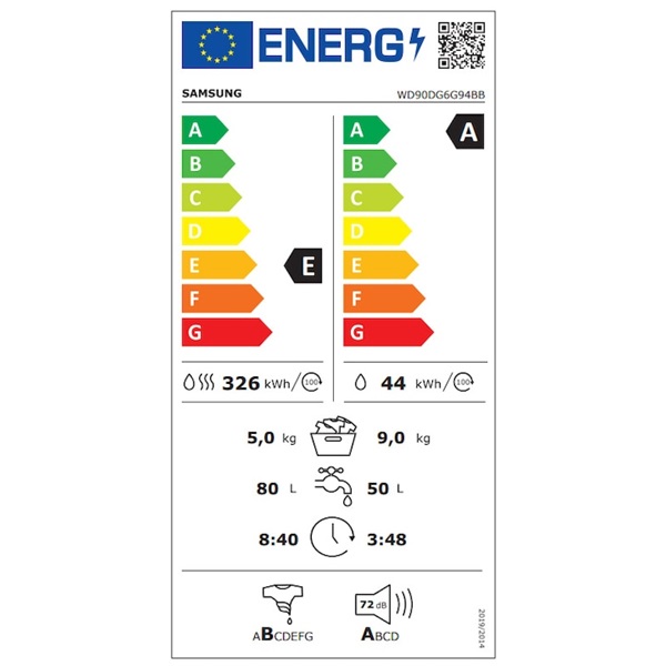 Samsung WD90DG6G94BBU4 fekete, elöltöltős, max.1400ford., 9 kg/5 kg, mosó-szárítógép