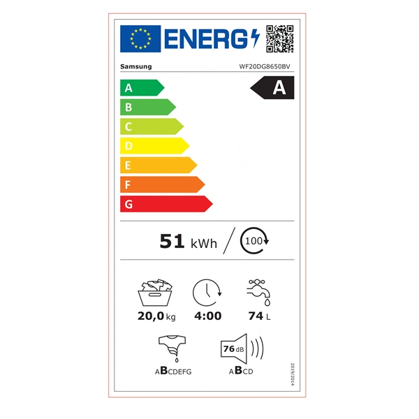 Samsung WF20DG8650BVU4 fekete, elöltöltős, max.1000ford., 20 kg, mosógép