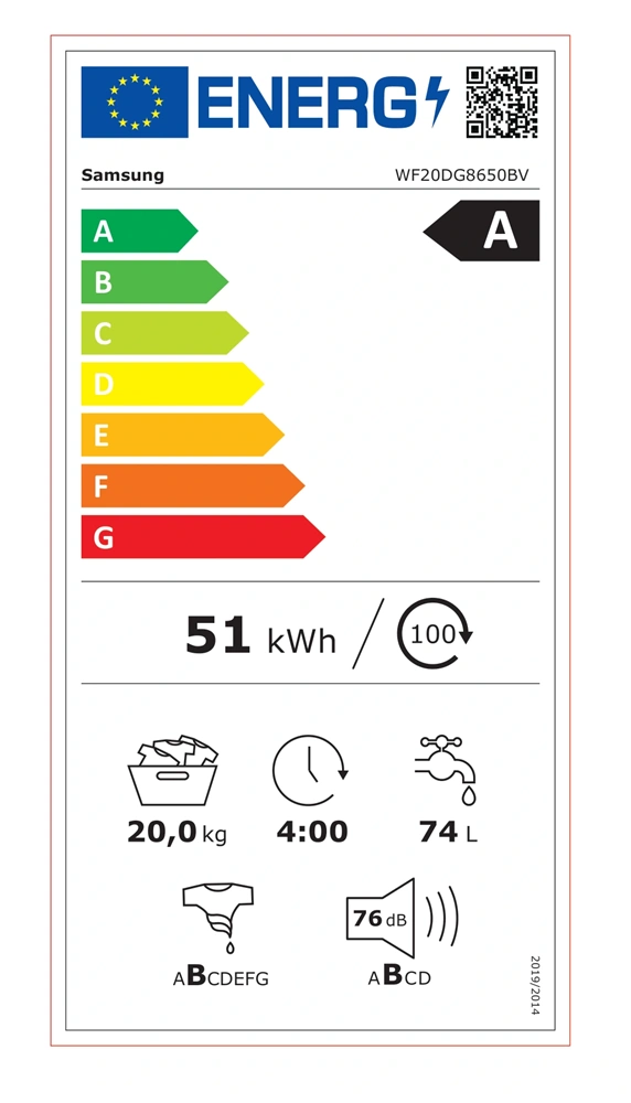 Samsung WF20DG8650BVU4 fekete, elöltöltős, max.1000ford., 20 kg, mosógép