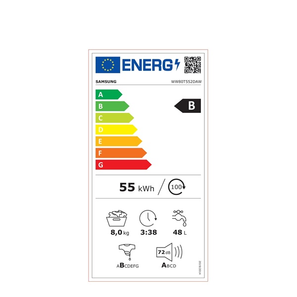 Samsung WW80T552DAW/S6 fehér, elöltöltős, max.1200ford., 8 kg, mosógép (Újszerű)