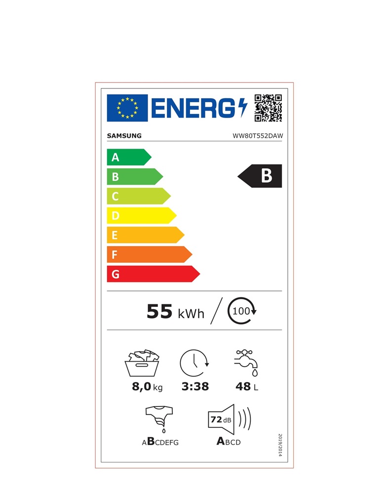 Samsung WW80T552DAW/S6 fehér, elöltöltős, max.1200ford., 8 kg, mosógép (Újszerű)