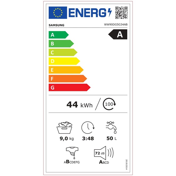 Samsung WW90DG5G34ABLE fekete, elöltöltős, keskeny, max.1400ford., 9 kg, mosógép (Újszerű)