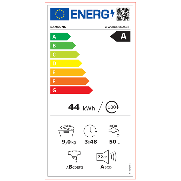 Samsung WW90DG6U25LBU4 fekete, elöltöltős, max.1400ford., 9 kg, mosógép (Újszerű)