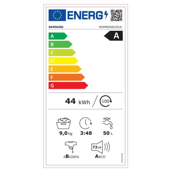 Samsung WW90DG6U25LKU4 fehér, elöltöltős, max.1400ford., 9 kg, mosógép (Újszerű)