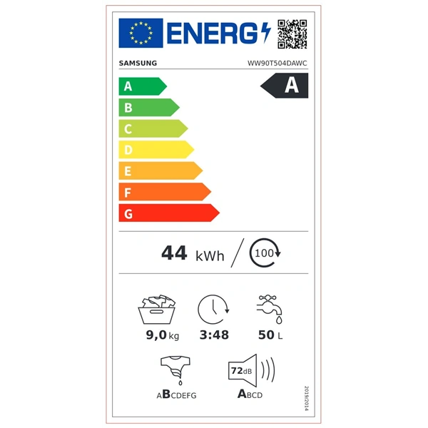 Samsung WW90T504DAWCS6 fehér, elöltöltős, max.1400ford., 9 kg, mosógép (Használt - A)
