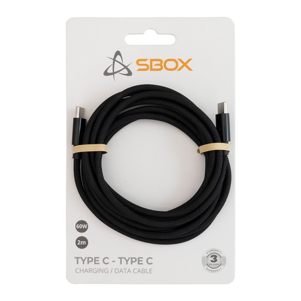 Sbox TYPEC-2-B 2m 60W Type-C fekete adat- és töltőkábel
