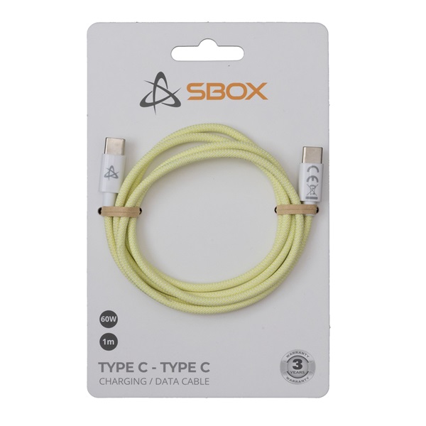 Sbox TYPE-C-1-Y 1m 60W Type-C sárga adat- és töltőkábel