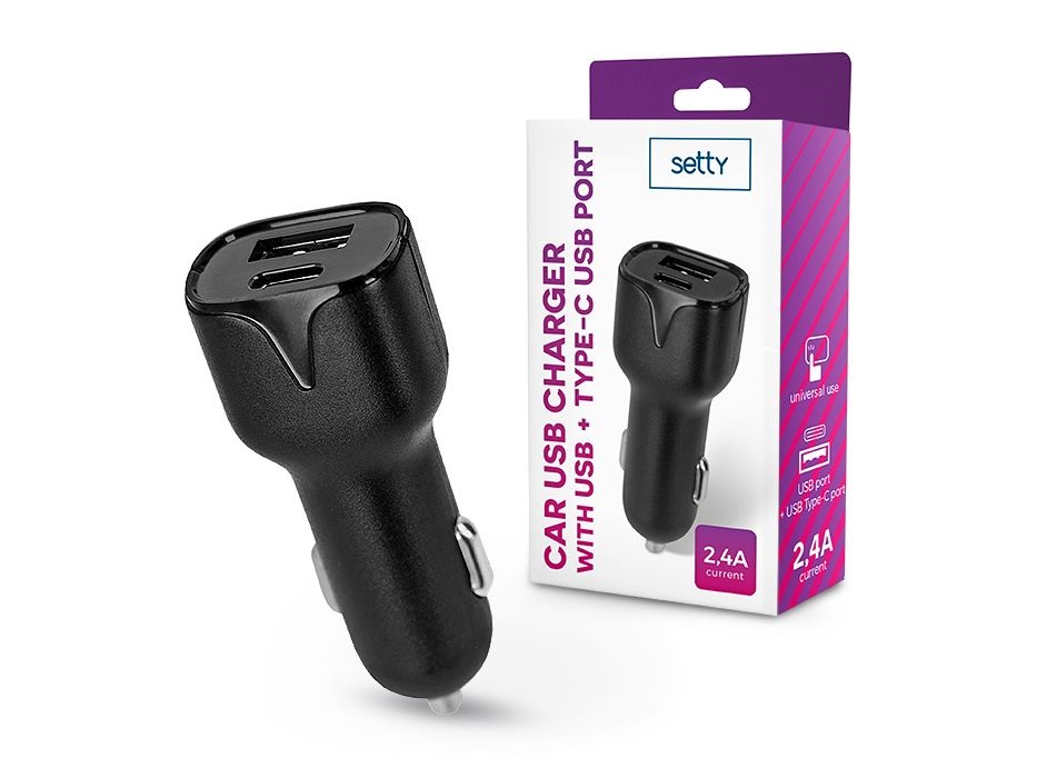 Setty TF-0026 2,4A univerzális USB + Type-C fekete autós töltő