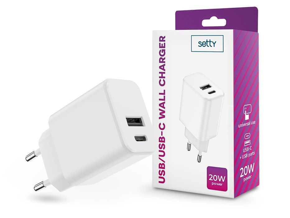 Setty TF-0121 20W Type-C/USB fehér hálózati töltő