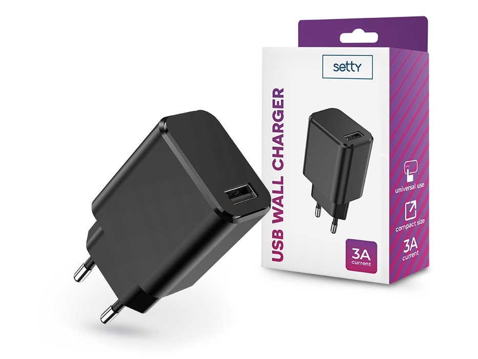 Setty TF-0142 USB - Setty USB Wall Charger - 5V/3A - fekete hálózati töltő adapter