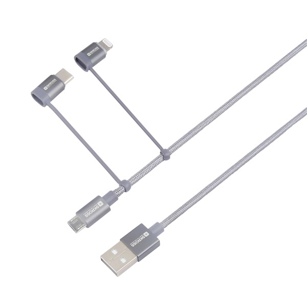 Skross 3IN1CABLE-120-STEEL 1,2m microUSB/Type-C/Lightning adat- és töltőkábel