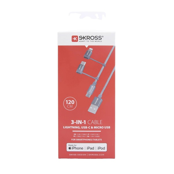Skross 3IN1CABLE-120-STEEL 1,2m microUSB/Type-C/Lightning adat- és töltőkábel