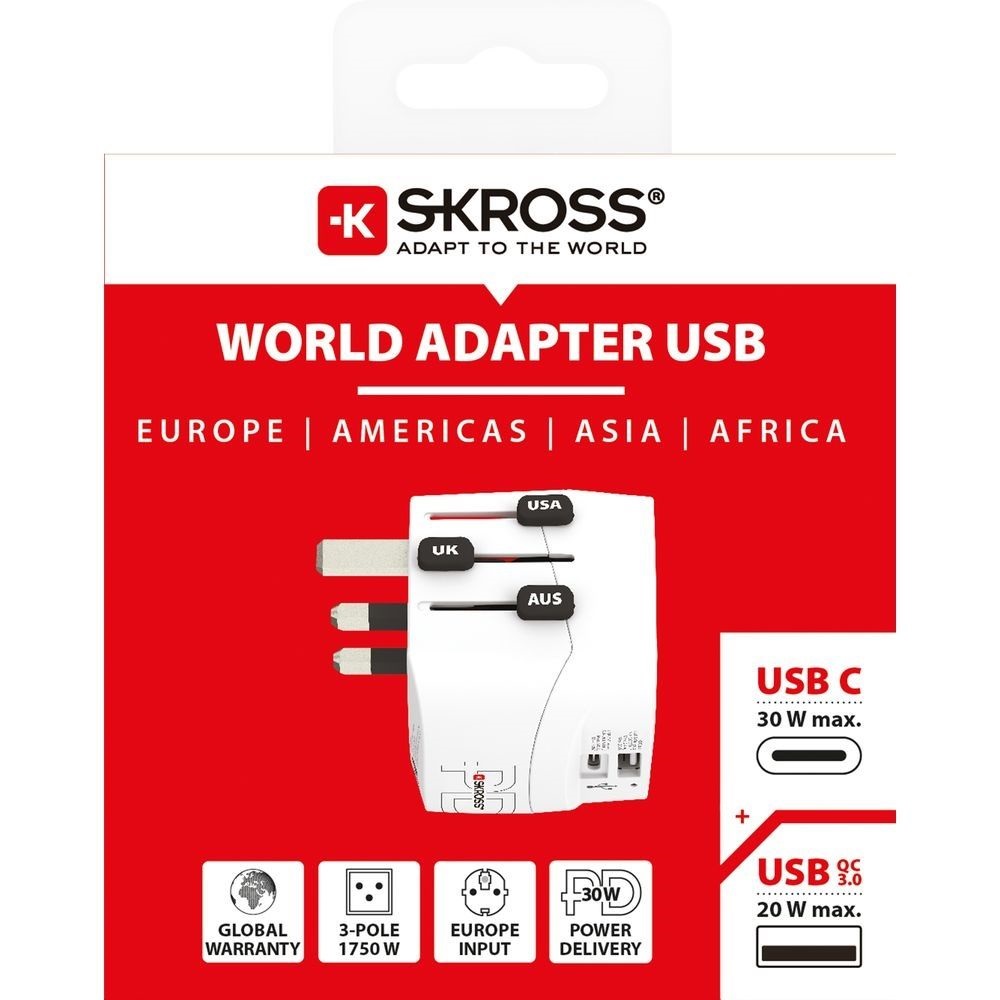 Skross USB A/USB C töltő bemenettel földelt világutazó adapter