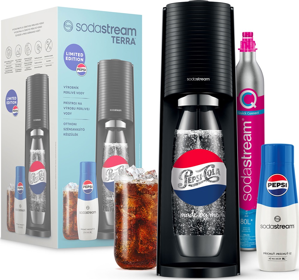 Sodastream SM Terra Black Pepsi megapack szódagép+patron+szénsavasító palack+Pepsi italkoncentrátum