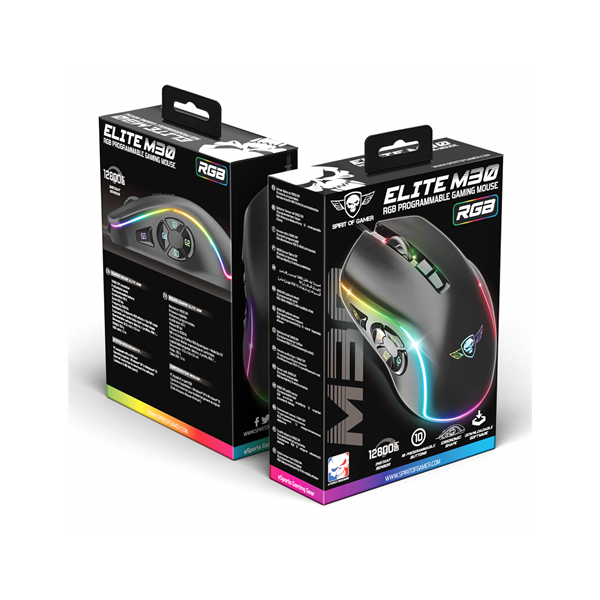 Spirit of Gamer ELITE-M30 (Optikai, 12800DPI, 10 gomb programozható, RGB, harisnyázott kábel) fekete egér