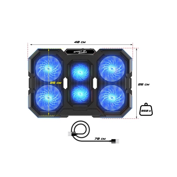 Spirit of Gamer Notebook Hűtőpad 17"-ig - AIRBLADE 700 RGB (29dB; max. 180 m3/h; 4x10cm+2x7cm, RGB LED, 2xUSB2.0)