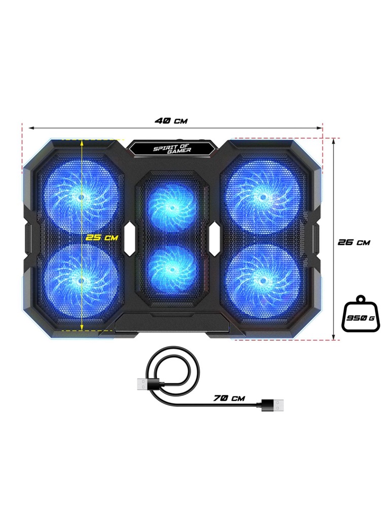 Spirit of Gamer Notebook Hűtőpad 17"-ig - AIRBLADE 700 RGB (29dB; max. 180 m3/h; 4x10cm+2x7cm, RGB LED, 2xUSB2.0)