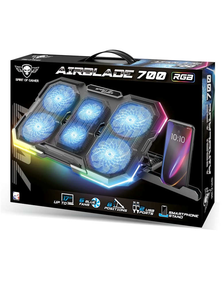 Spirit of Gamer Notebook Hűtőpad 17"-ig - AIRBLADE 700 RGB (29dB; max. 180 m3/h; 4x10cm+2x7cm, RGB LED, 2xUSB2.0)