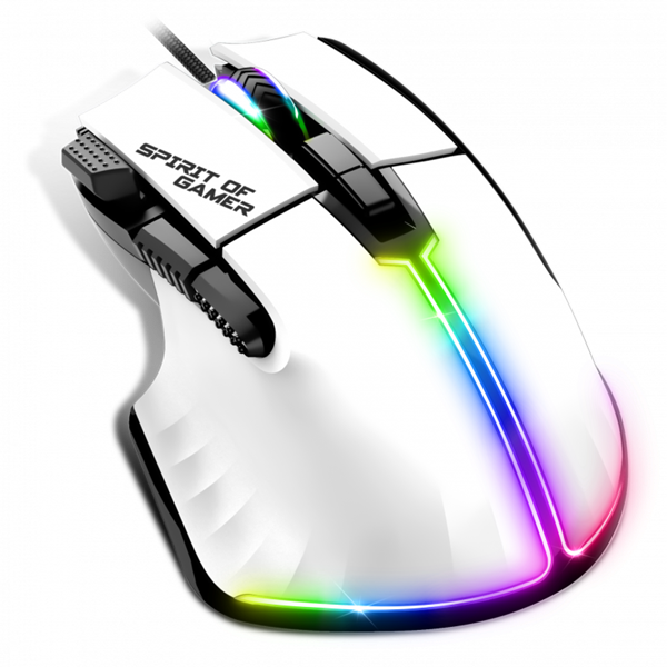 Spirit of Gamer PRO-M5 Arctic (Optikai, 12800DPI, 1000Hz, 8 gomb, harisnyázott kábel) fehér egér