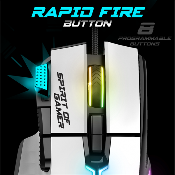 Spirit of Gamer PRO-M5 Arctic (Optikai, 12800DPI, 1000Hz, 8 gomb, harisnyázott kábel) fehér egér