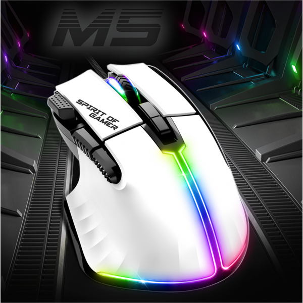 Spirit of Gamer PRO-M5 Arctic (Optikai, 12800DPI, 1000Hz, 8 gomb, harisnyázott kábel) fehér egér