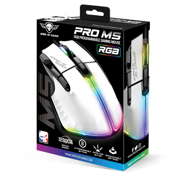 Spirit of Gamer PRO-M5 Arctic (Optikai, 12800DPI, 1000Hz, 8 gomb, harisnyázott kábel) fehér egér